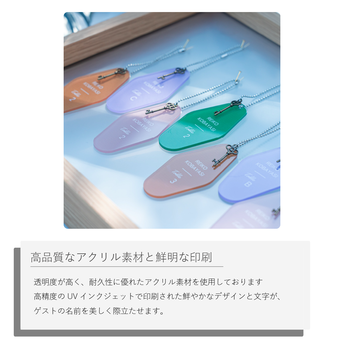 「1個から購入可能」ホテルキー席札 モーテル 挙式用 エスコートカード 席札 UV印刷 おしゃれなキーホルダー
