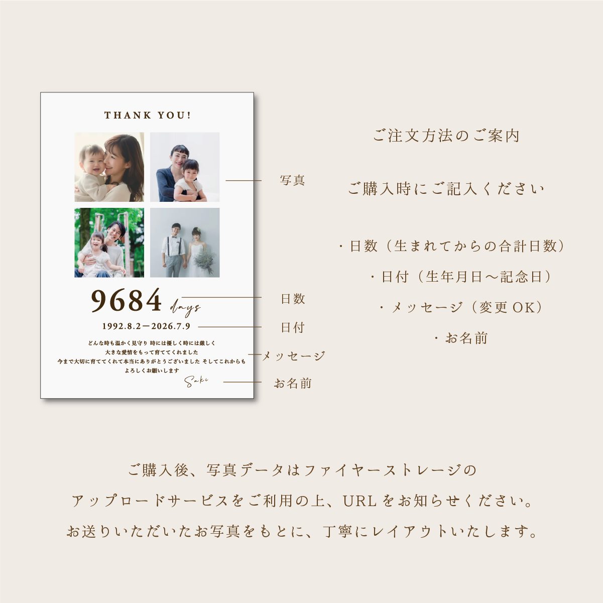 子育て感謝状《カラー写真仕様》|結婚式 両親プレゼント|木製フォトフレーム・日数入りオーダーメイド