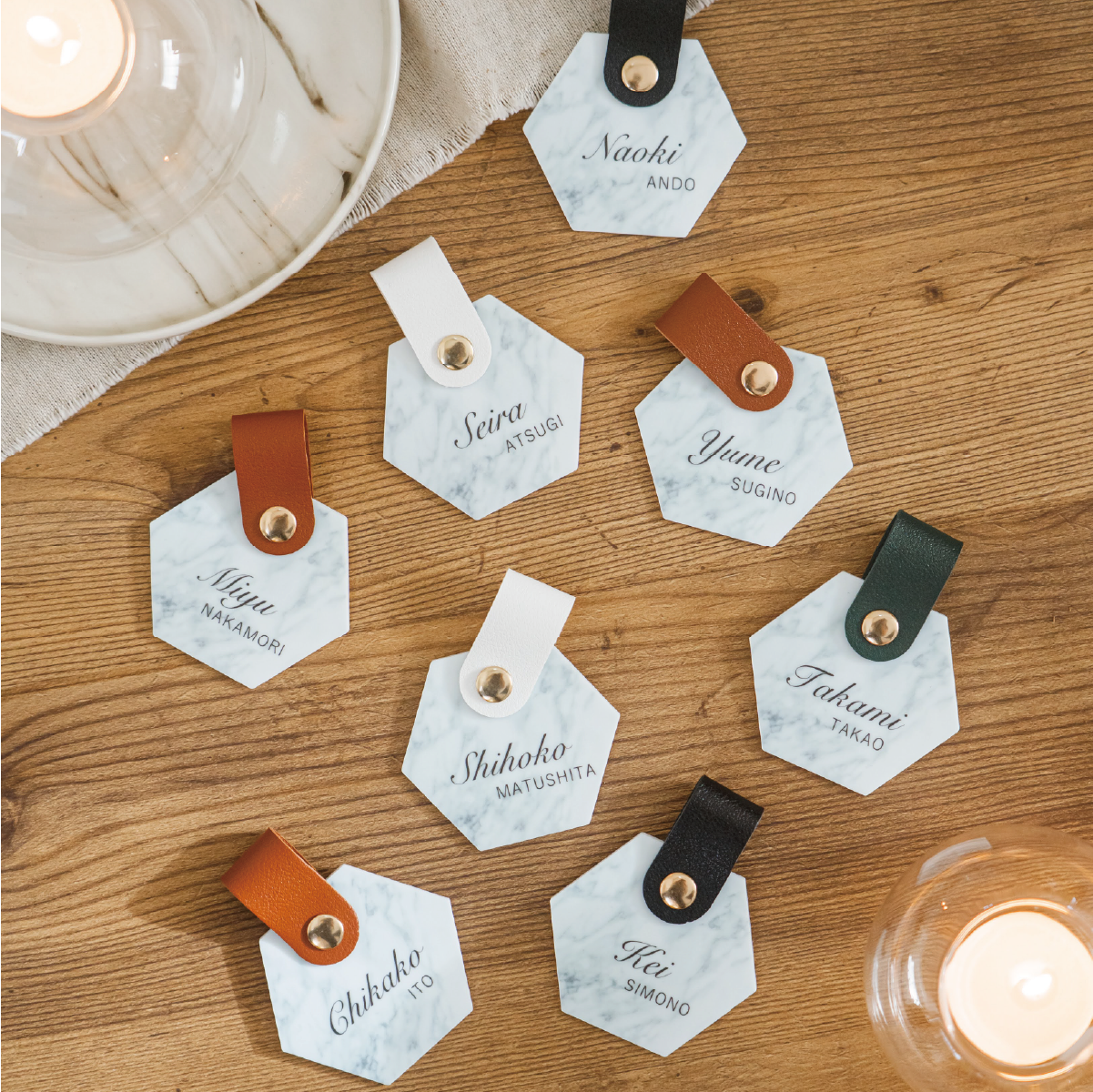 「1個から購入可能」大理石タイル風アクリル席札|ヘキサゴン・エスコートカード・ネームタグ