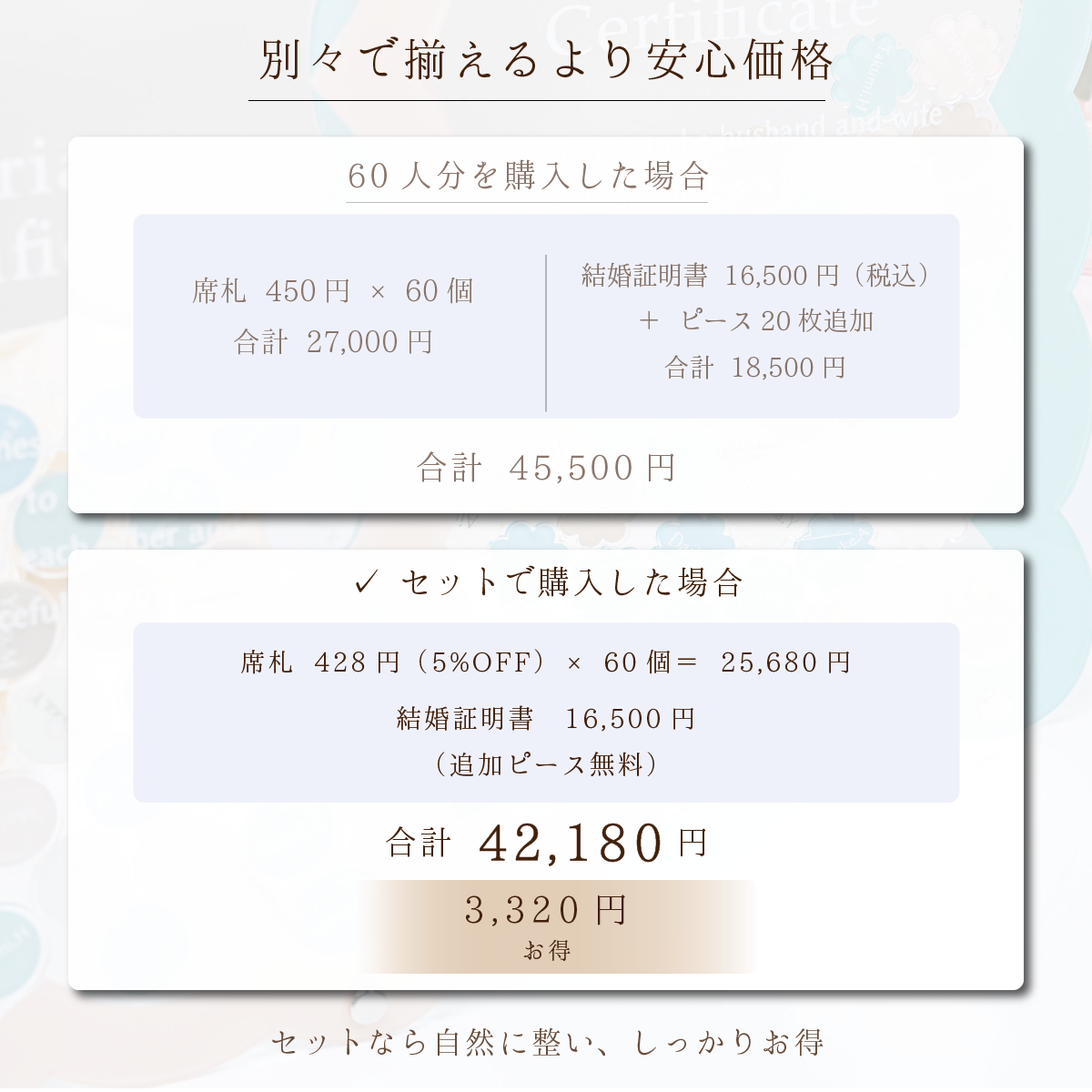 揃えるウェディング 上質スタンダードセット｜席札＋結婚証明書｜統一感のあるウェディングに